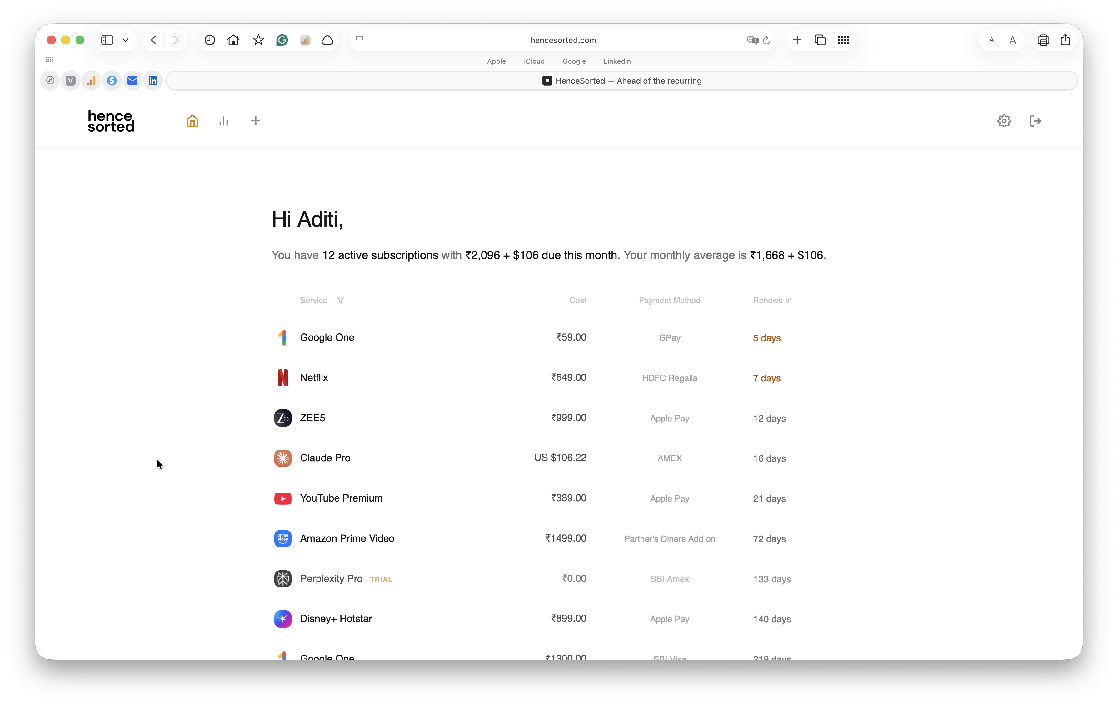 HenceSorted Home Dashboard