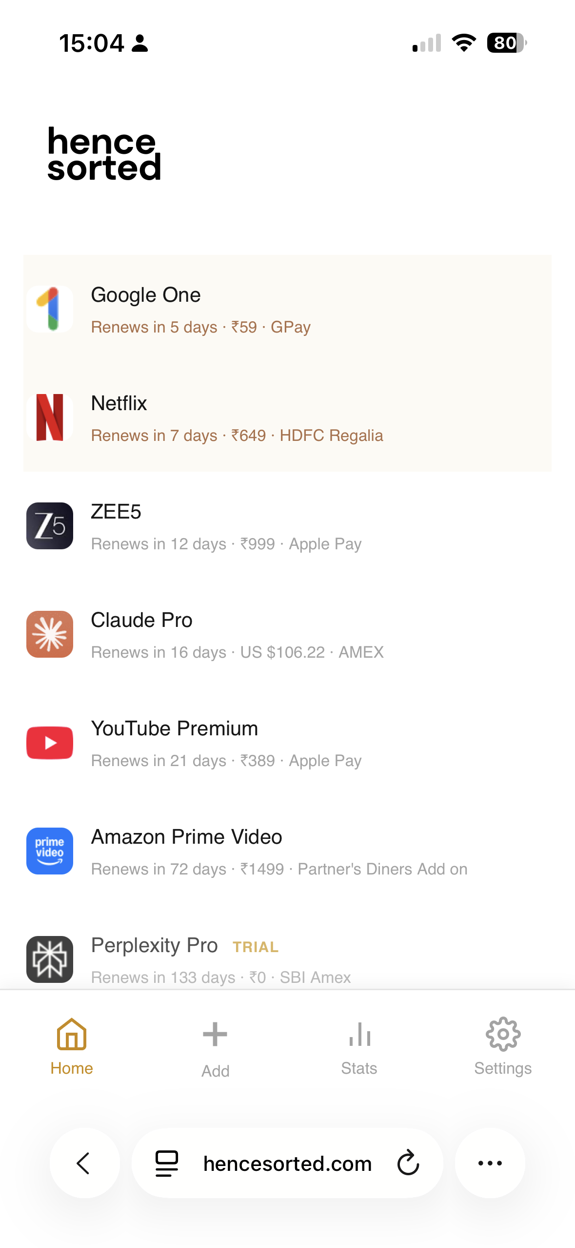 HenceSorted Home Dashboard